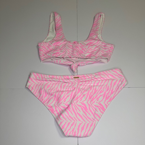 Beach Bunny Pink Zebra Bikini Set – Size M Top & Bottom – Ribbed Tie Front NWOT - Picture 4 of 8